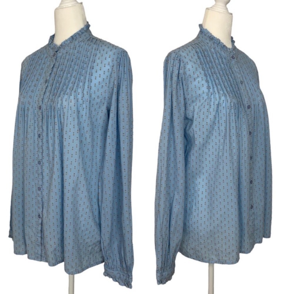 Sundance Button Front Blouse L Blue Swiss Dot Long Sleeve Ruffle Cottagecore